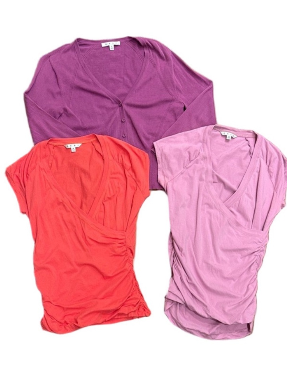 Cabi 3 Item Bundle 2 Wrap Tops - Coral + Violet + 1 Purple Sweater | Size Small